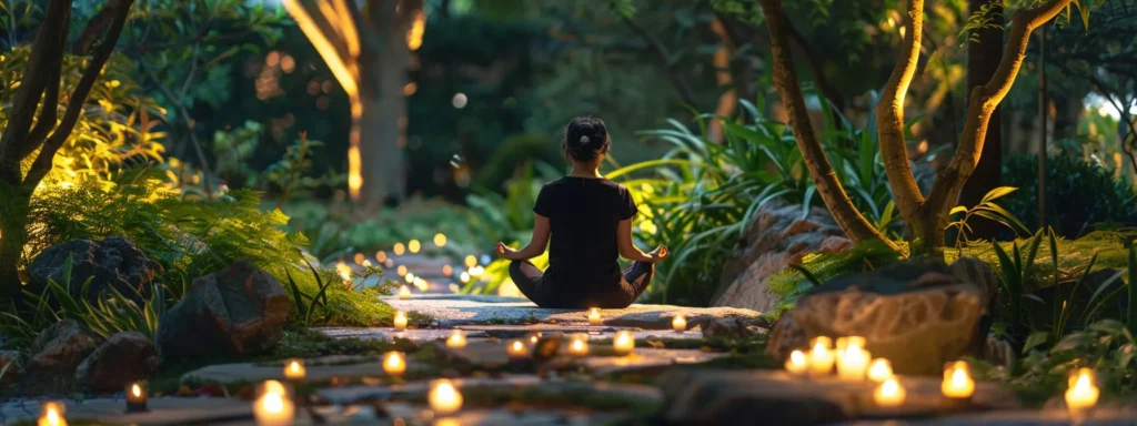 a person sitting in a serene garden, surrounded by calming greenery and softly glowing candles, meditating to relieve election-induced stress.