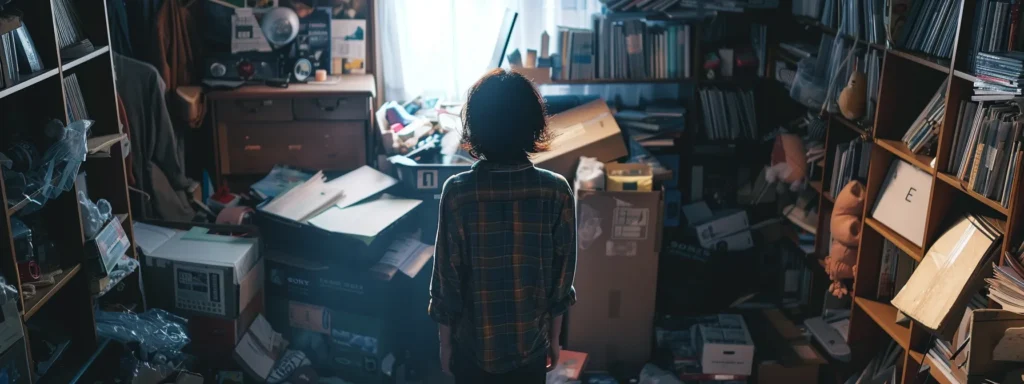 a person standing alone in a cluttered room, looking overwhelmed and disconnected from their surroundings.