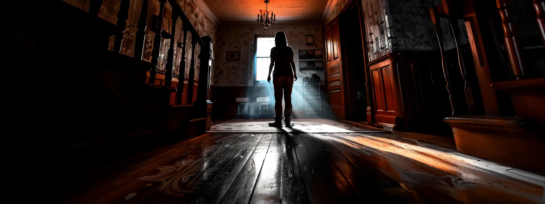 a person standing in a dark room, looking haunted and lost, surrounded by shadows and memories.