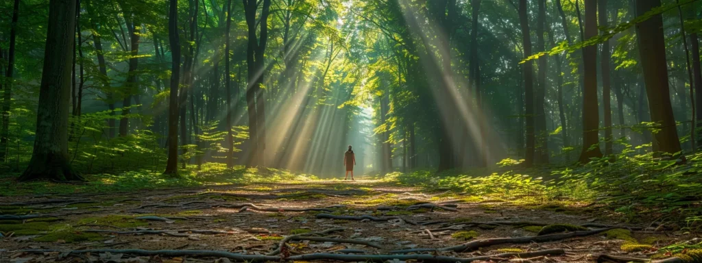 a person standing in a serene forest clearing, surrounded by tall trees and dappled sunlight, symbolizing peace and healing on the path to recovery from ptsd.