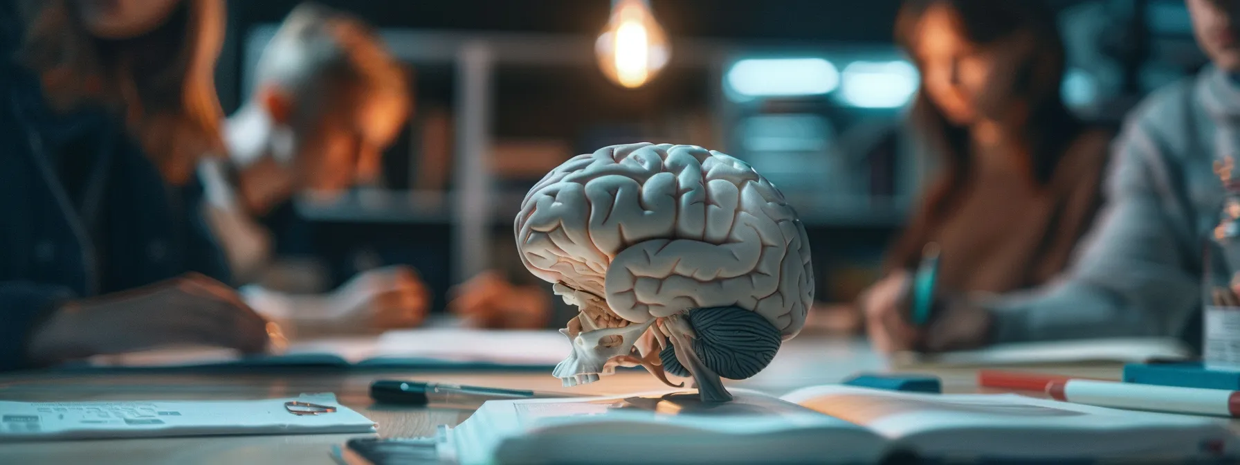 a person studying a detailed brain anatomy diagram while surrounded by supportive loved ones, reflecting on the importance of education in navigating mental illness in relationships.