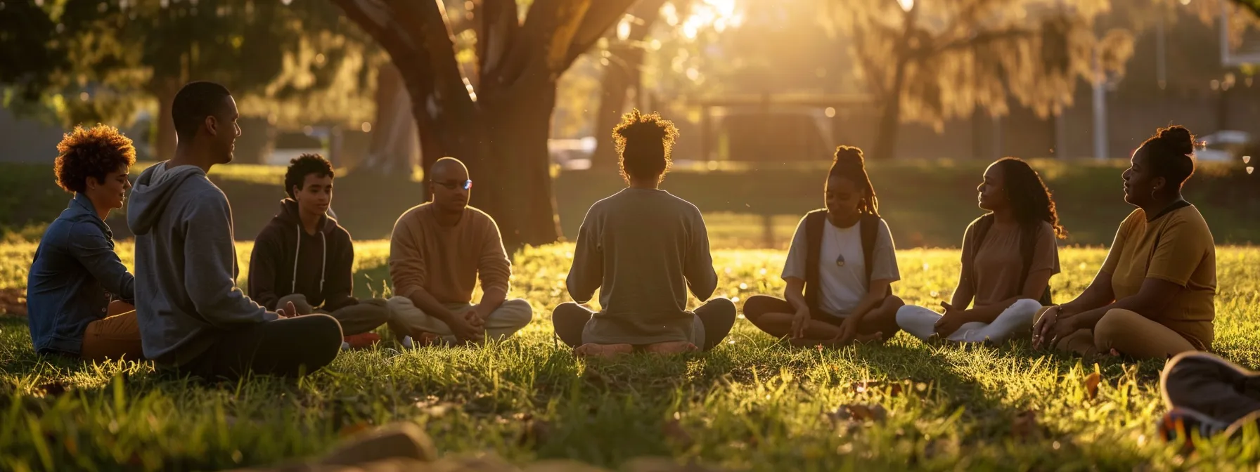 a person surrounded by a circle of diverse, supportive friends engaging in mindfulness exercises in a serene outdoor setting.