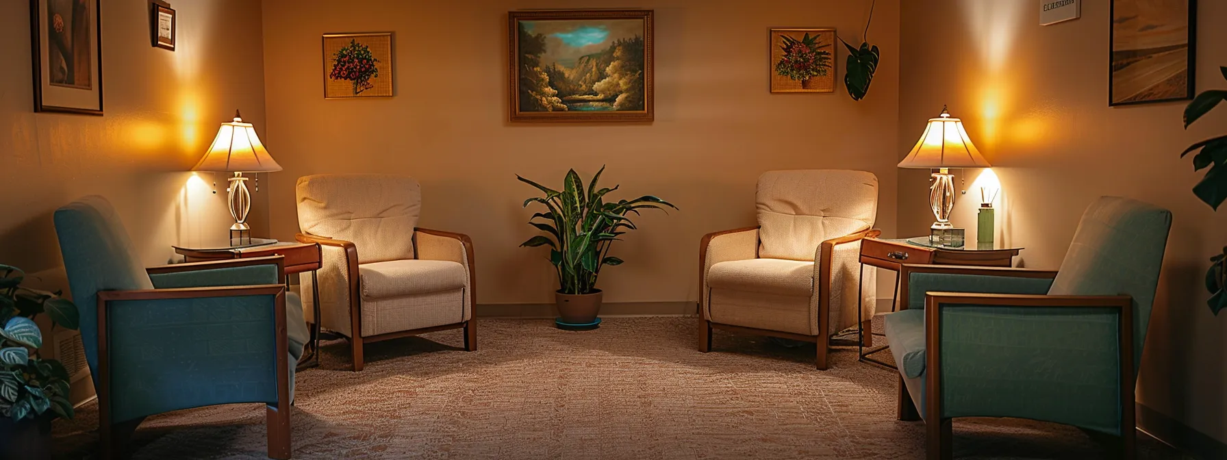 a serene and comforting therapy room with soft lighting and plush chairs, inviting individuals to seek professional help and access community resources for mental health support.