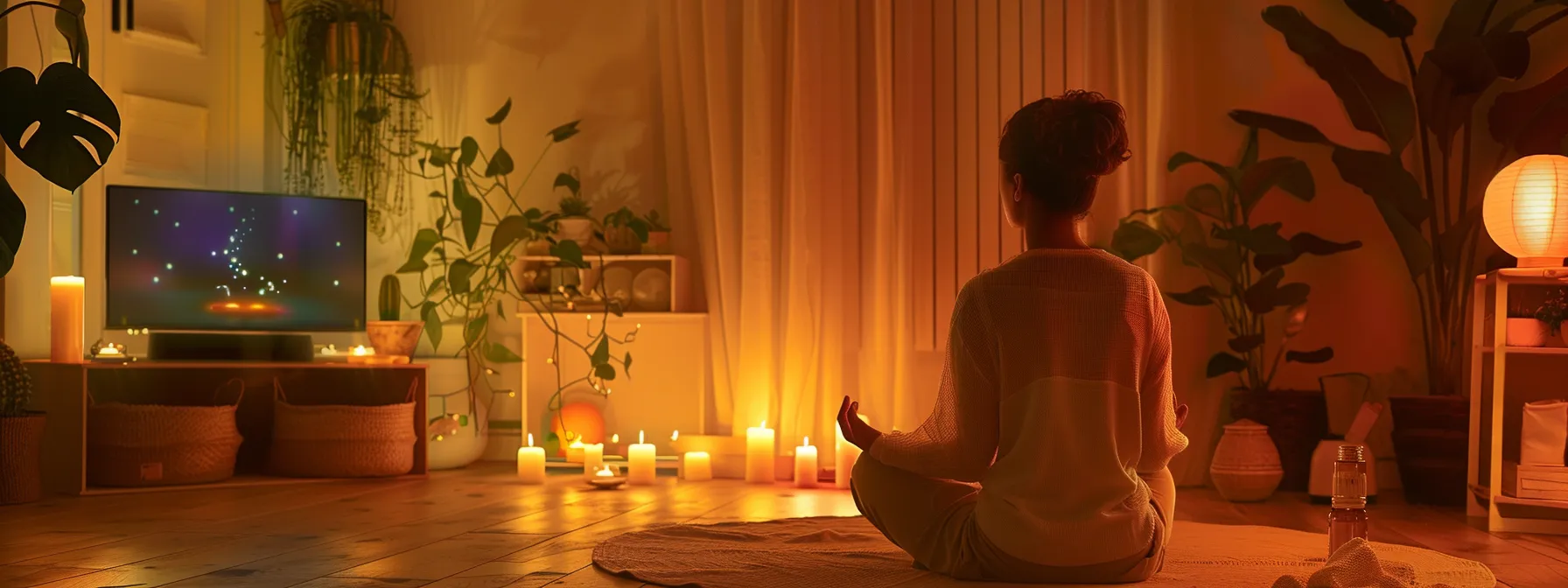 a serene, candlelit room with a person practicing mindfulness meditation, surrounded by calming essential oils and soothing music for self-care therapy.