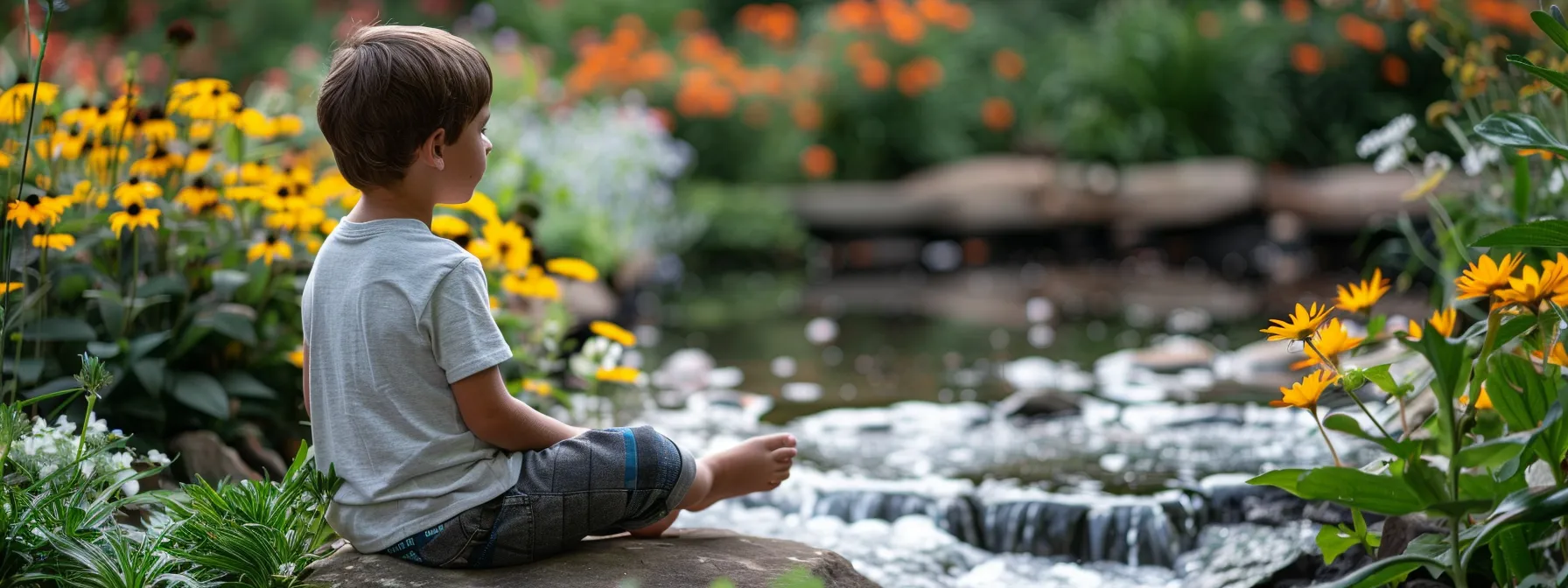 a young boy sitting in a peaceful garden, surrounded by colorful flowers and gently flowing water, as he engages in a calming counseling session to help cope with his autism.