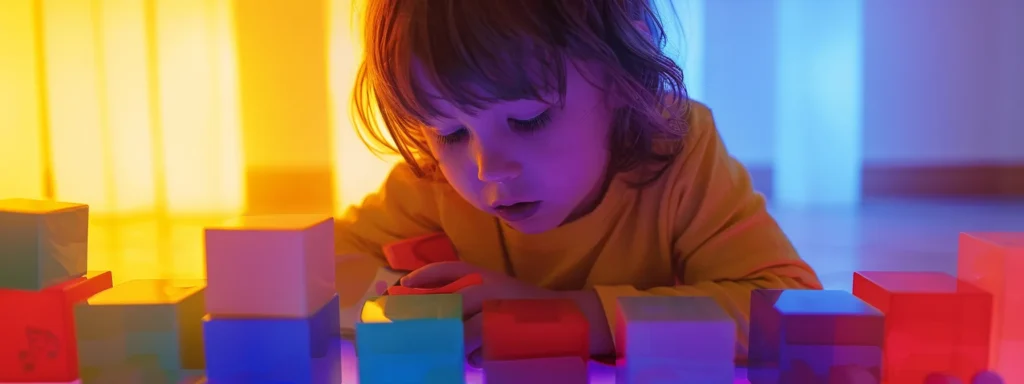 a young child engrossed in sorting colorful blocks by size and shape, displaying early signs of spectrum disorder.