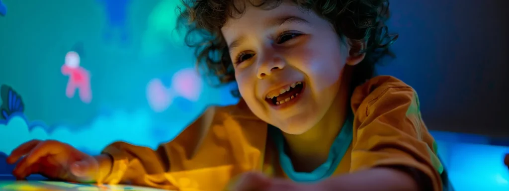 autistic, neurodivergent, a young child with autism smiling brightly while engaging in a colorful and interactive therapy session.