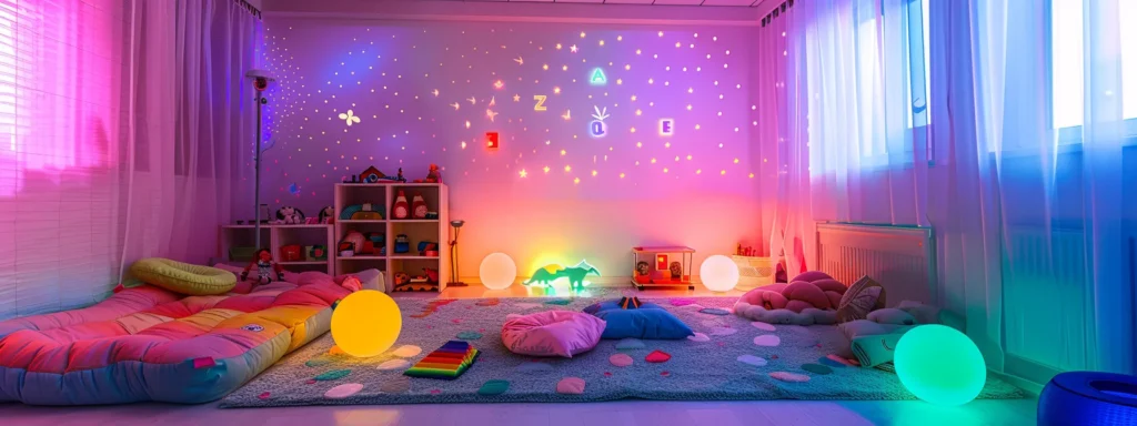 vibrant and colorful sensory room designed to help manage autism hyperactivity, with soft glowing lights and sensory tools scattered around the room.