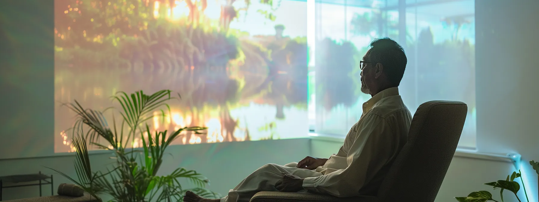 a patient sitting in a therapist's office, with a calming nature scene projected on a wall, as they engage in eye movement therapy sessions.