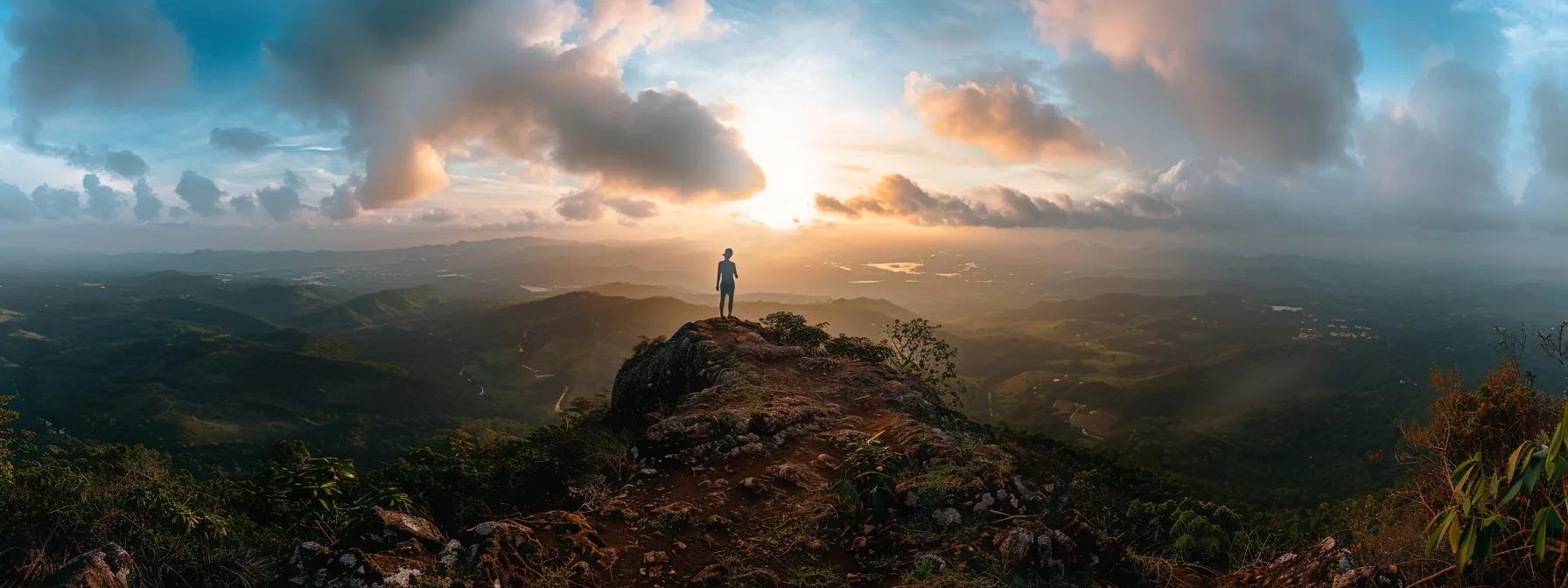 a person standing atop a mountain, arms outstretched towards the sun, symbolizing resilience and healing journey towards recovery.