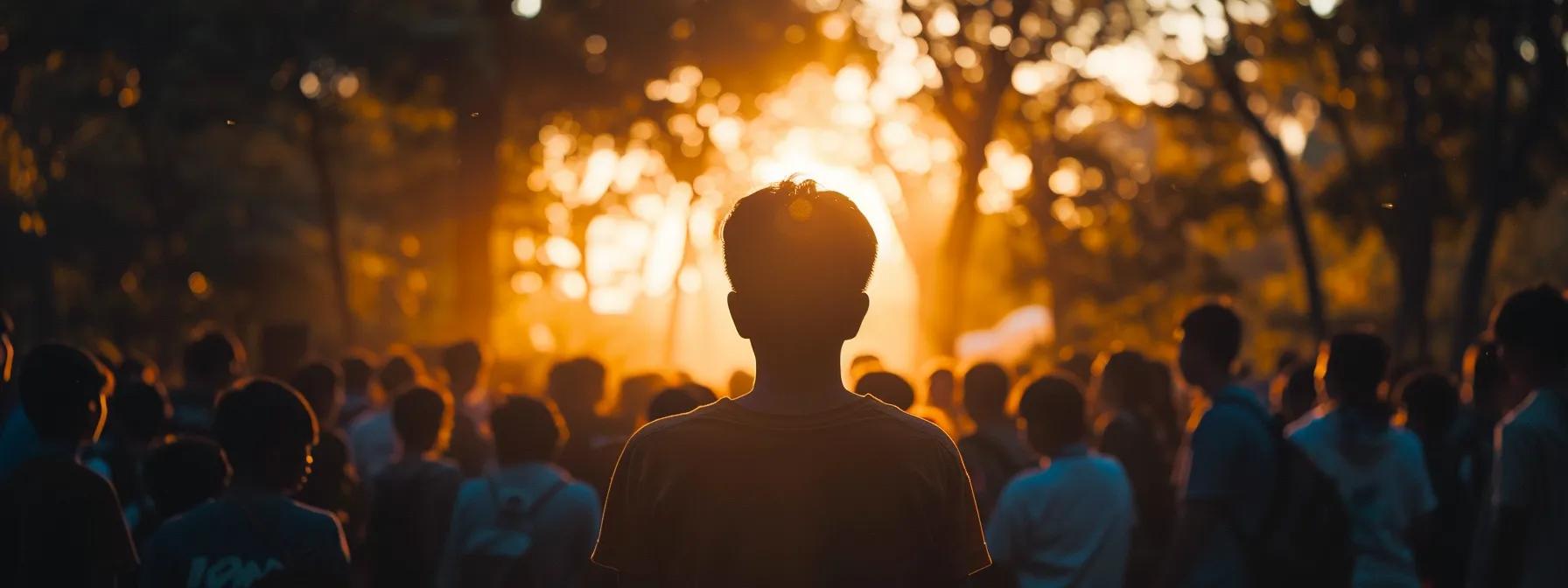 a person standing strong and focused, surrounded by a supportive community offering comfort and understanding.