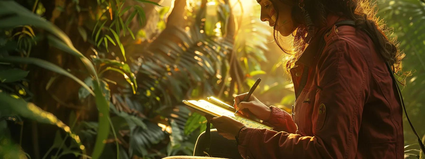 a person writing in a journal, surrounded by calming nature, capturing personal trauma triggers and emotional responses.