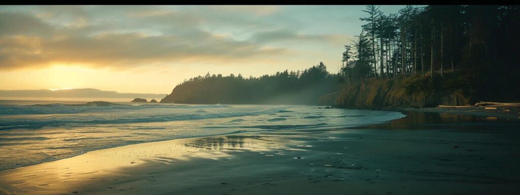 a serene beach at sunset with calming colors and gentle waves, creating a peaceful atmosphere for managing trauma and its triggers.