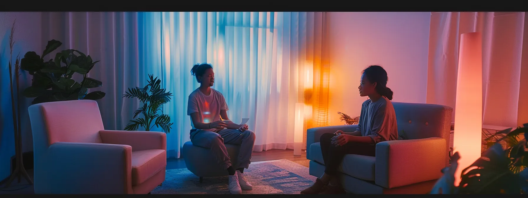 a serene room with a certified mental health professional guiding a client through eye movement therapy techniques, surrounded by calming decor and soft lighting.