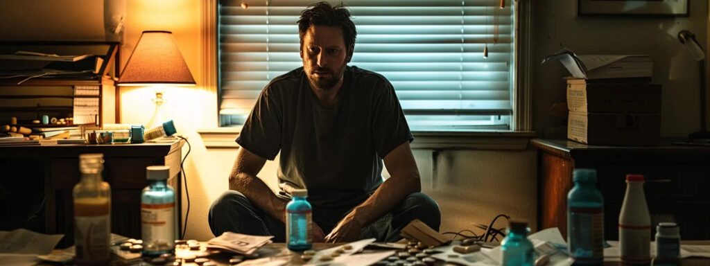 a solitary figure sitting in a dimly lit room, staring blankly ahead with a haunted expression, surrounded by scattered papers and empty pill bottles.