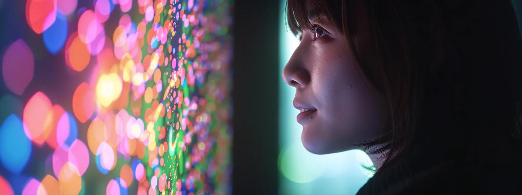 bright screen with colorful graphics being closely examined by a person's focused gaze.