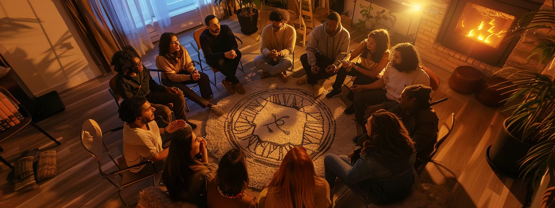 a circle of individuals engaging in somatic experiencing therapy surrounded by a cozy, nurturing space, symbolizing a supportive environment for those dealing with complex ptsd.