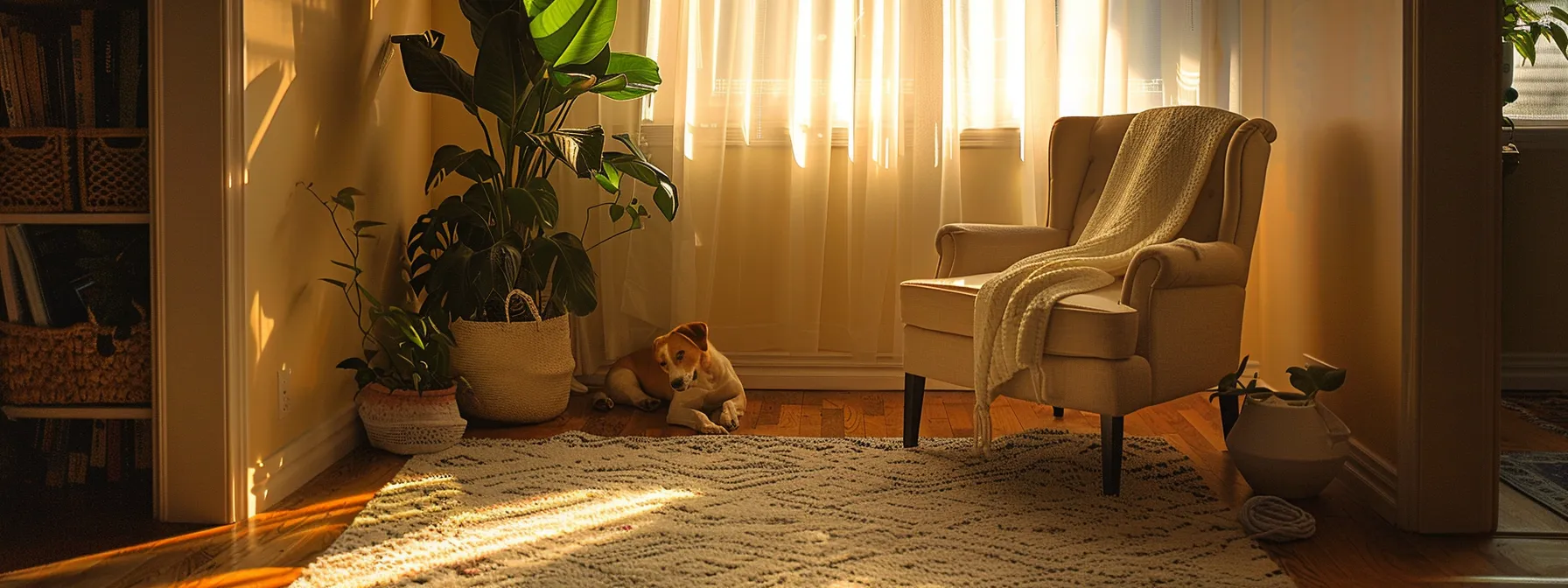 a peaceful room with soft lighting, a cozy armchair, and a therapy dog gently comforting a client during a session on healing from complex ptsd.