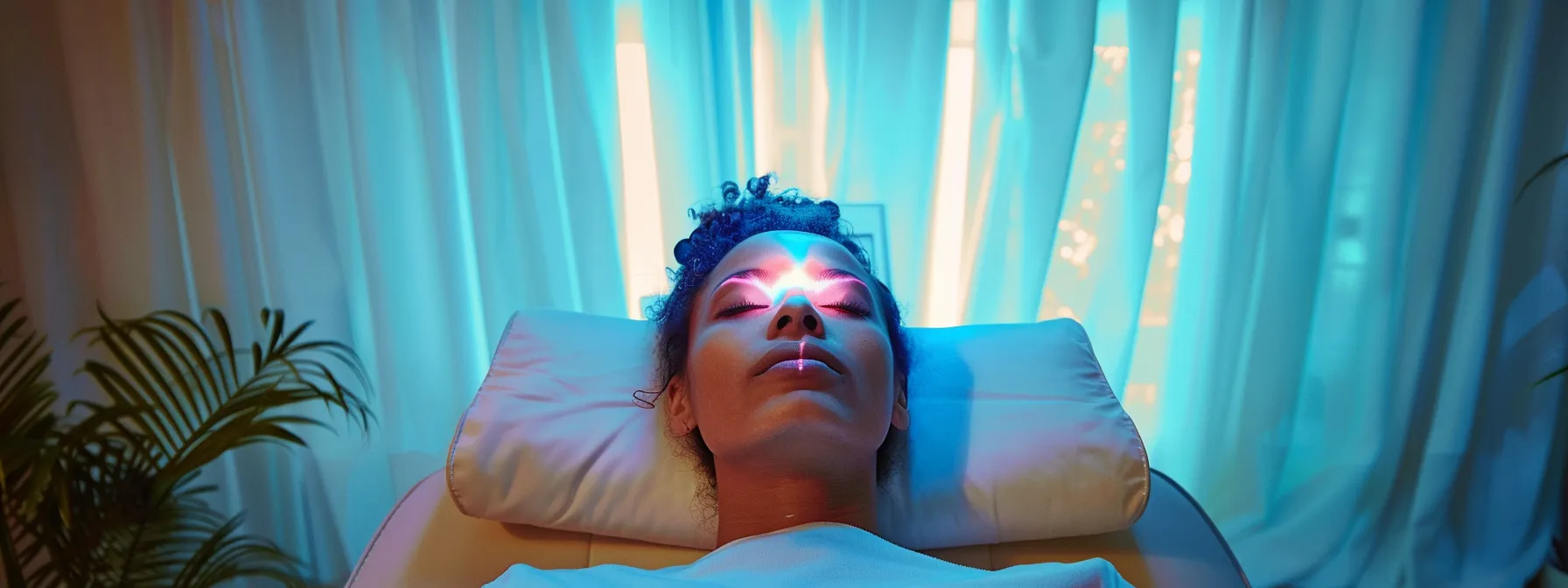 a person engaging in emdr therapy, with focused eyes following a moving light, surrounded by a calming and soothing therapy room ambiance.