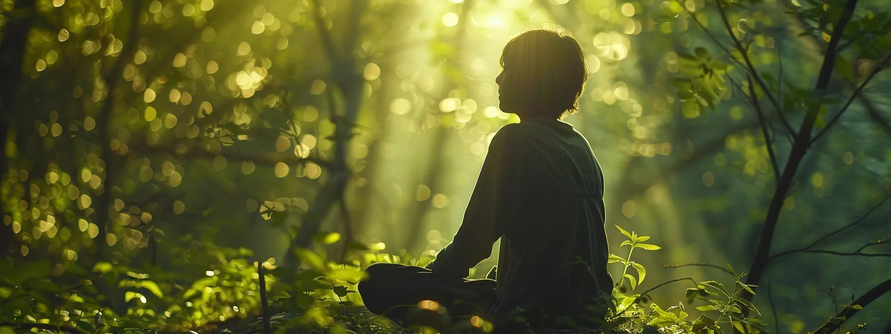 a person finding solace in the midst of a tranquil forest, surrounded by gentle shades of green and peaceful sunlight filtering through the branches.