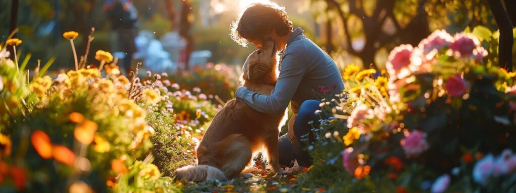 a woman and dog in a garden. Bipolar disorder symptoms in women