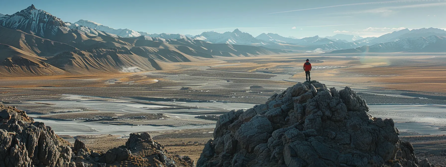 a person standing confidently atop a mountain, overlooking a vast landscape, with a toolbox symbolizing strategies for managing challenges and achieving personal growth.