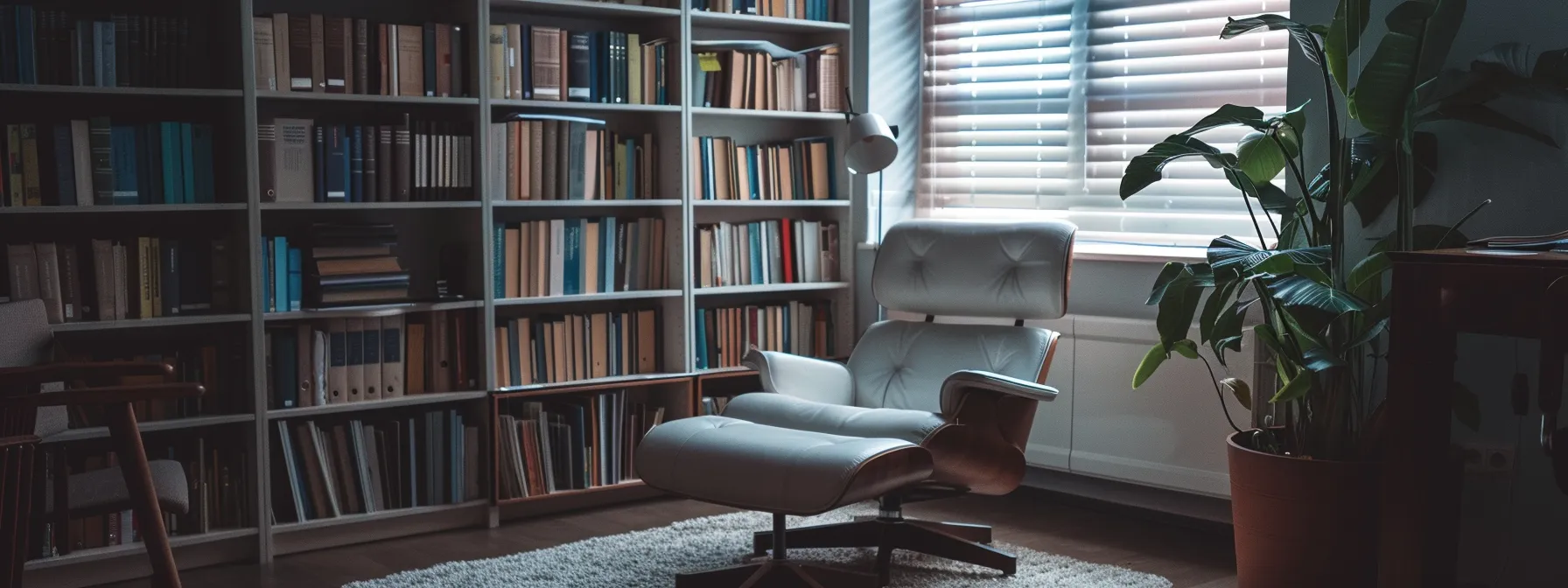 a serene office with soft lighting, shelves filled with books on trauma and mental health, a comfortable chair facing a welcoming therapist ready to offer complex ptsd counselling.