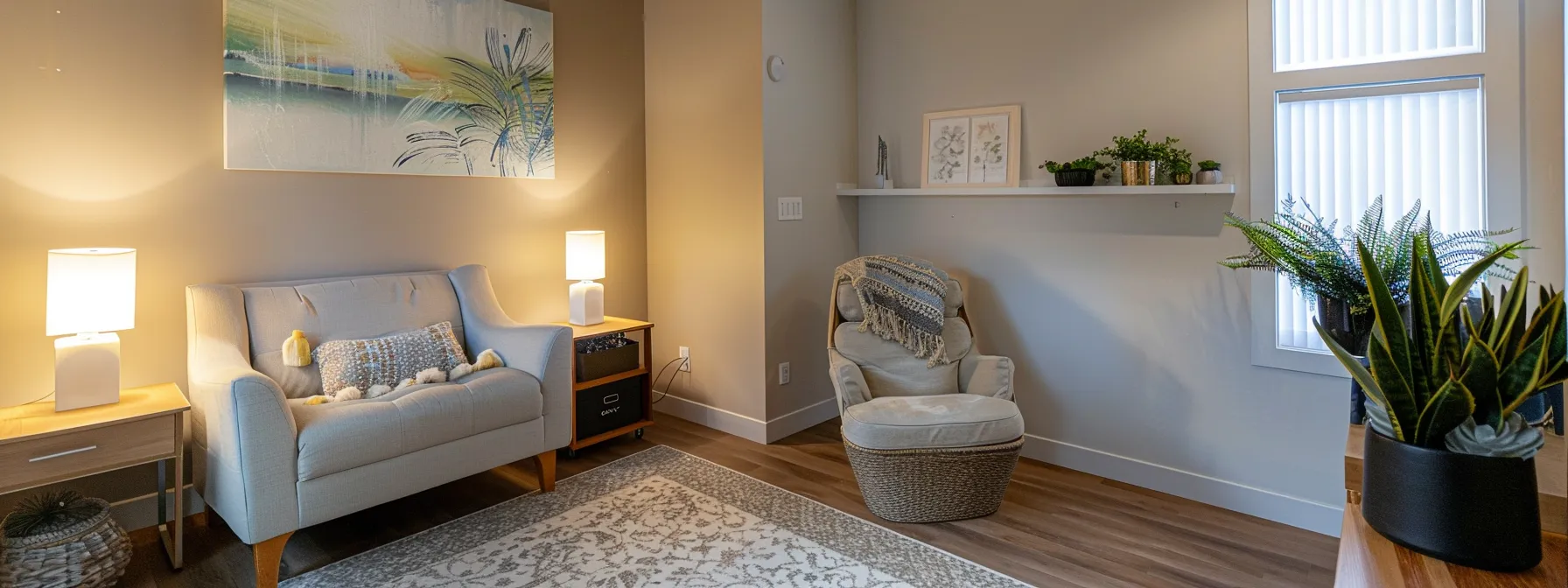 a serene therapy office with a cozy armchair, soft lighting, and soothing artwork on the walls, creating a safe space for emdr sessions.