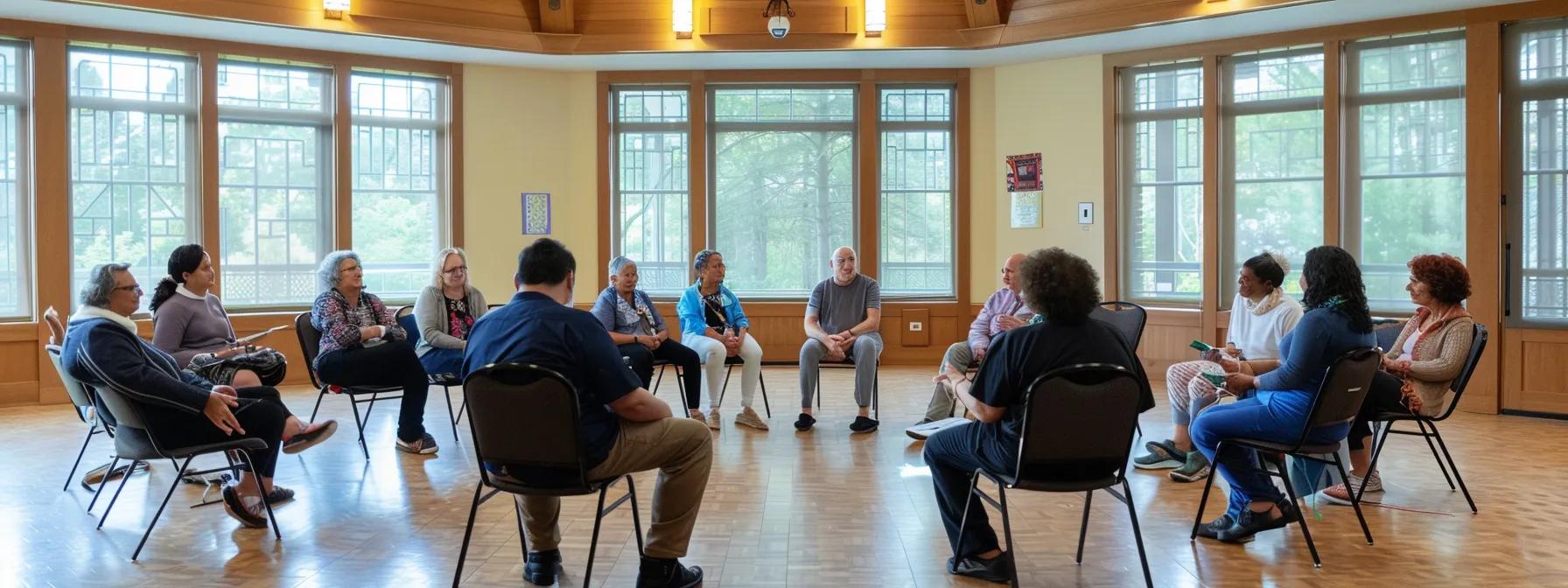 a group of diverse individuals sitting in a circle, listening and supporting each other in a warm and welcoming support group setting.