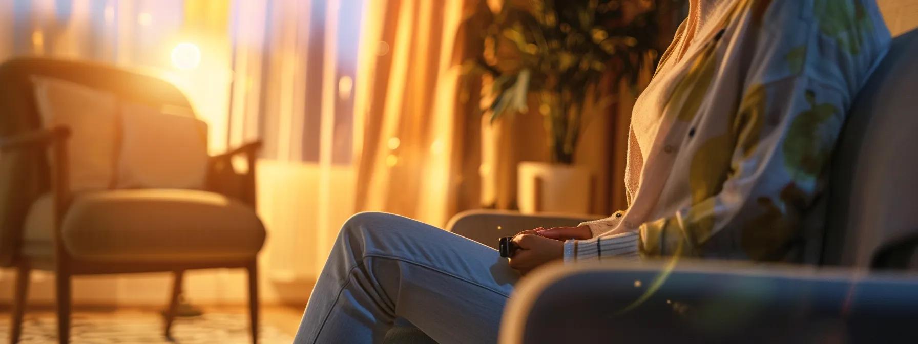 a person sitting in a cozy therapist's office, surrounded by comforting colors and soft lighting, engaging in a deep discussion with a caring professional.