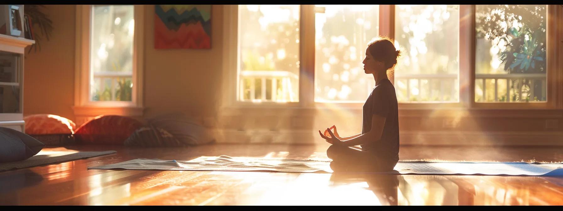 a serene individual practicing mindfulness in a peaceful, sunlit room with soothing art and a yoga mat nearby.