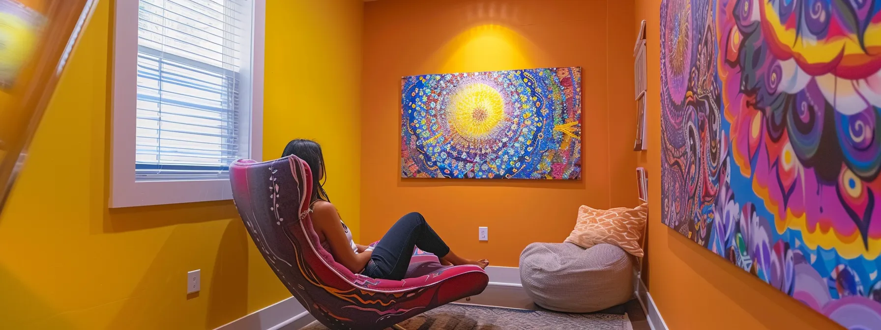 vibrant artwork adorns the walls of a cozy therapy room as a client engages in eye movement therapy to process traumatic memories.