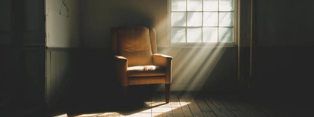 a serene, dimly lit room filled with soft shadows, where a solitary chair is positioned beside a window, symbolizing a safe space for reflection and healing in the journey of understanding post-traumatic stress disorder.