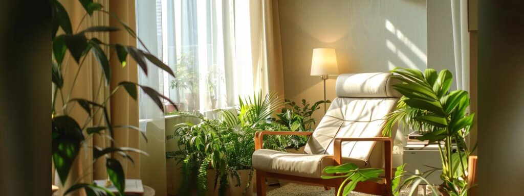 a serene, inviting therapist's office bathed in warm natural light, featuring a comfortable chair surrounded by calming plants and soft, neutral decor, embodying a welcoming atmosphere for mental health support.