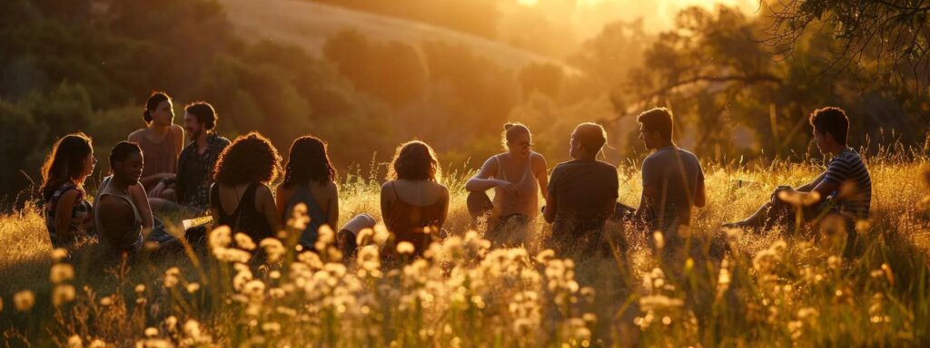 a serene landscape showcases a diverse group of people engaged in thoughtful conversation, illuminated by warm, golden sunlight, symbolizing understanding and acceptance of autistic perspectives.