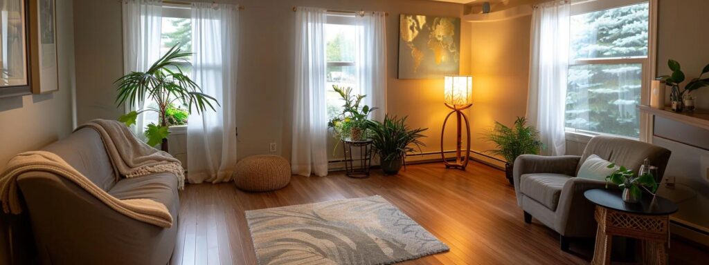 a serene, softly-lit therapy room adorned with calming colors and plush furnishings, embodying a tranquil atmosphere for healing and support in ptsd treatment.