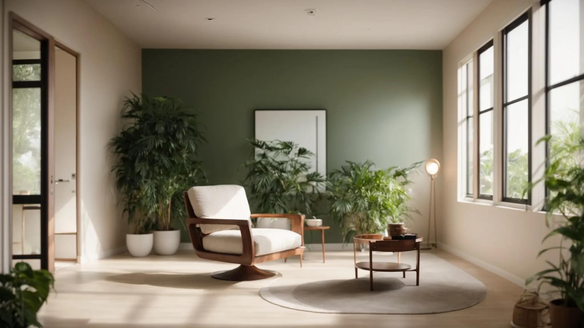 a serene and inviting therapy room bathed in soft, natural light, featuring a comfortable armchair, calming artwork on the walls, and lush green plants, symbolizing the support and benefits of mental health services.