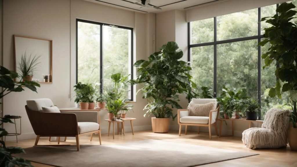 a serene and inviting therapy room, bathed in soft natural light, featuring a cozy armchair and vibrant plants, symbolizes the transformative power of mental health services.