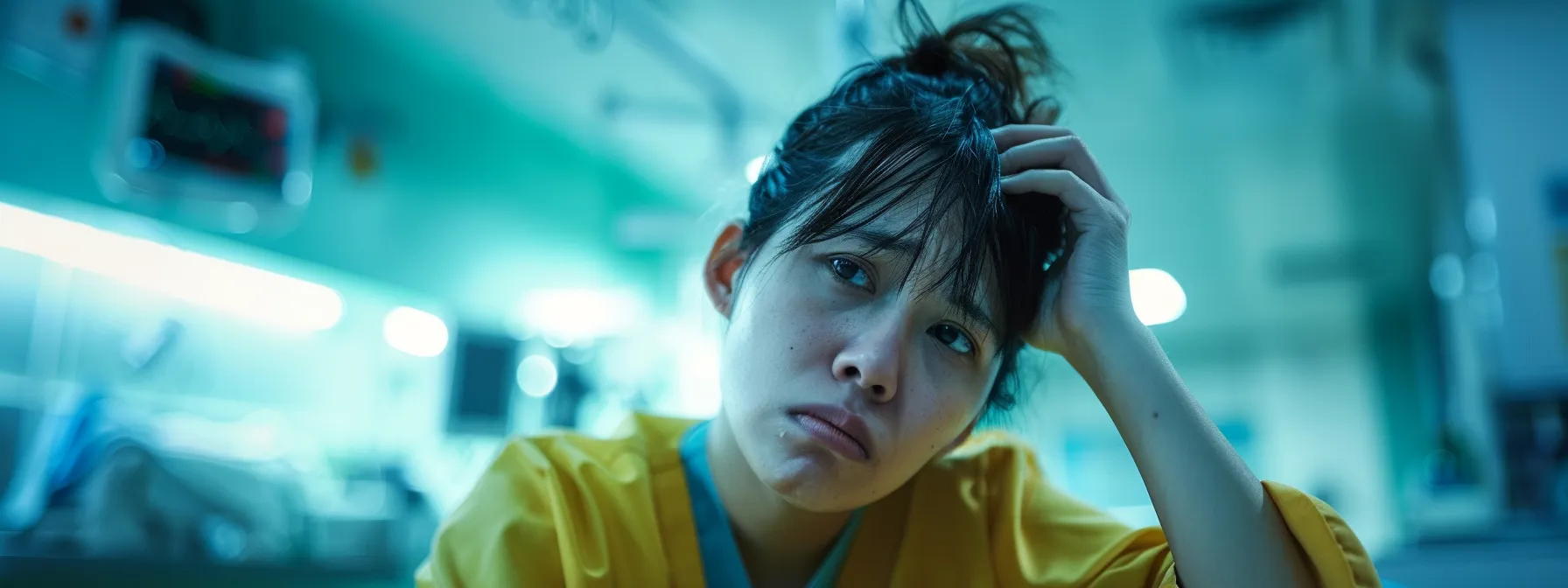 explore symptoms a dramatic medical scene captures a worried individual sitting in a stark, brightly lit emergency room, displaying expressions of urgency and concern, emphasizing the critical need for immediate attention to alarming symptoms like chest pain and shortness of breath.