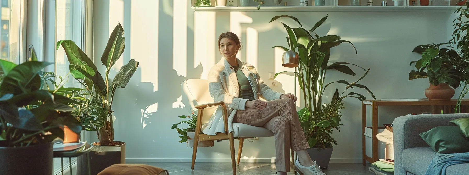 a focused healthcare professional in a bright clinic setting engages empathetically with a patient, surrounded by calming elements like plants and soft lighting to emphasize the importance of thoughtful consultation for mental health treatments.