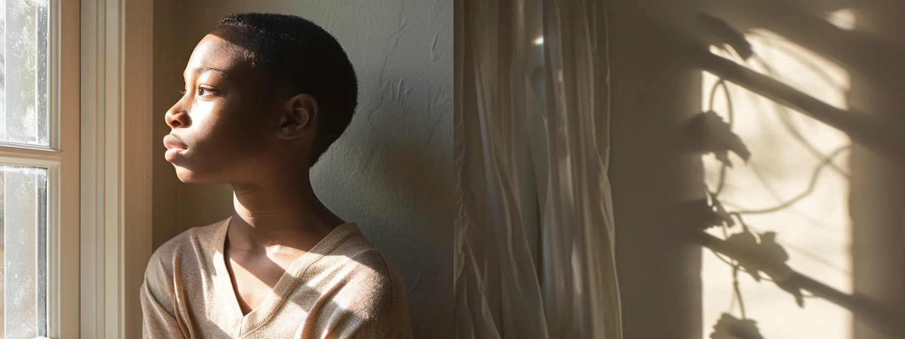 a poignant scene of a young adolescent contemplatively gazing out a window, embodying the emotional turmoil of bipolar disorder, with soft natural light casting gentle shadows around the room, highlighting the complexity of their inner world.