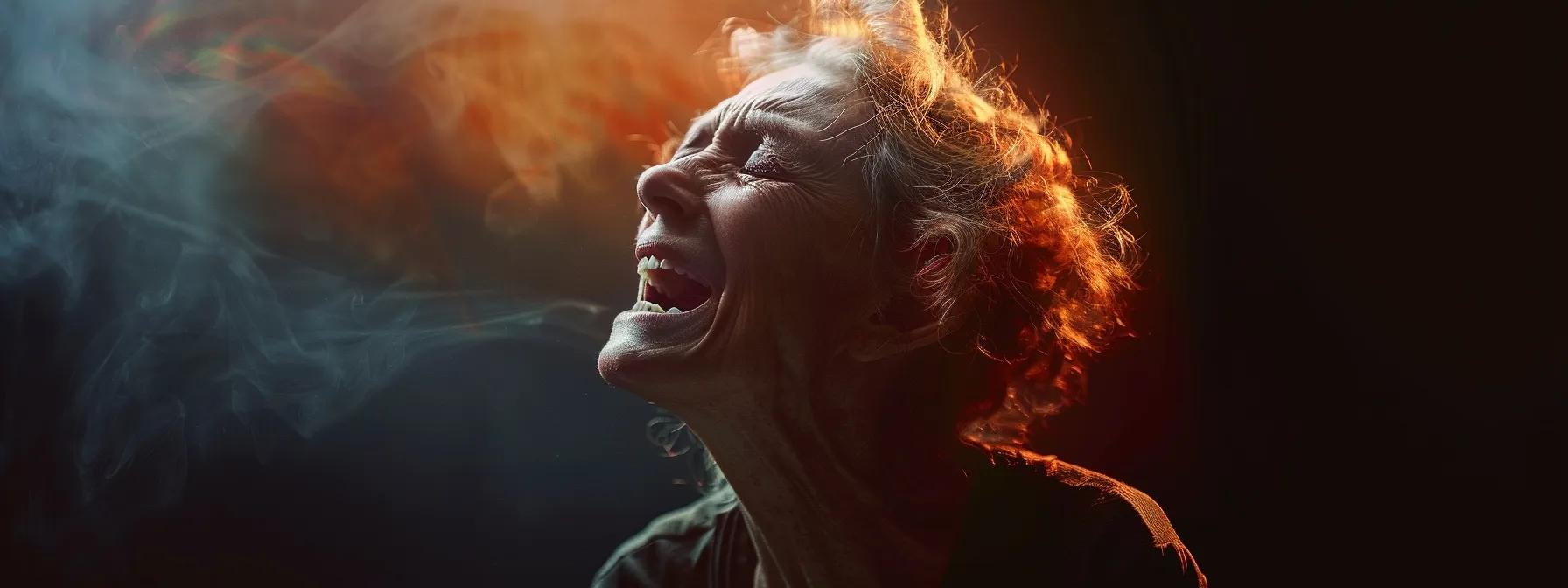 a powerful portrait of a woman caught in the whirlwind of emotional extremes, her expression shifting between joyous exuberance and deep introspection, illuminated by dramatic lighting that accentuates her struggle with bipolar disorder.