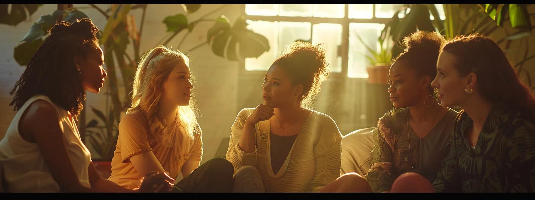 a serene and empowering scene of a diverse group of women engaging in a supportive discussion, illuminated by soft, natural light, symbolizing the importance of seeking help and building community for managing bipolar disorder.