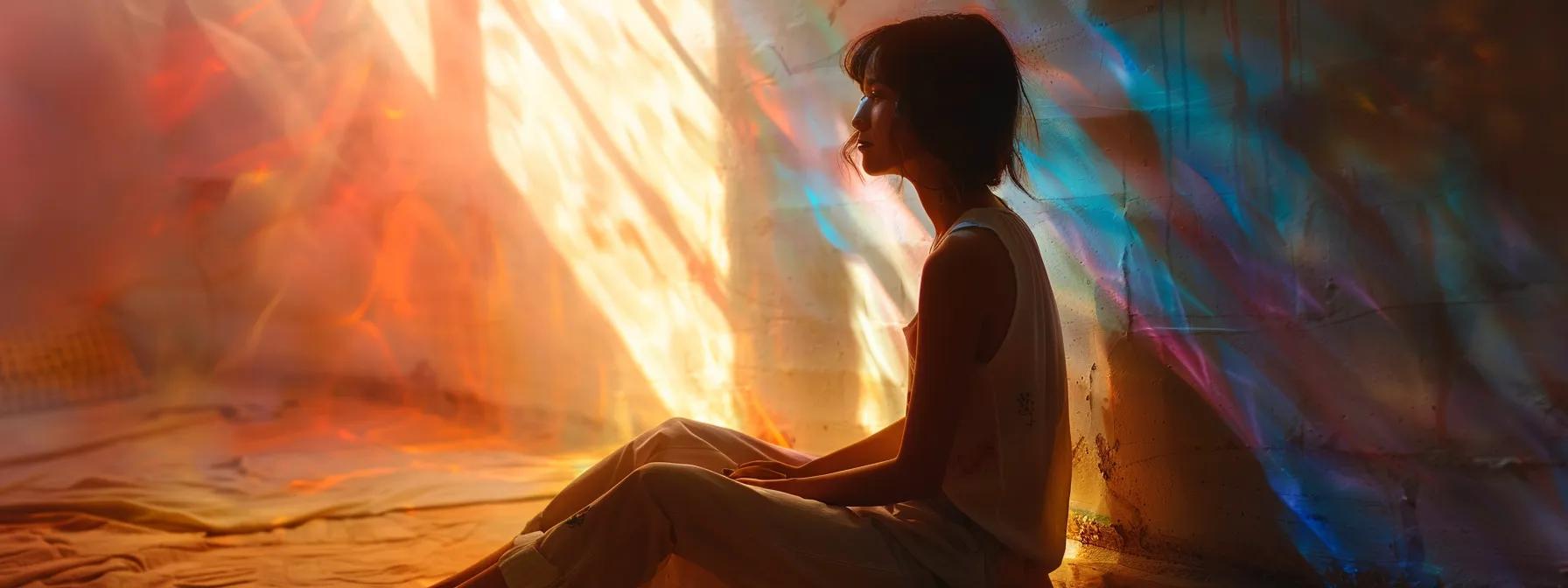 a serene and introspective portrait of a woman sitting quietly in a softly lit room, surrounded by ethereal wisps of color representing the complexities of bipolar disorder, symbolizing her journey through emotional highs and lows.