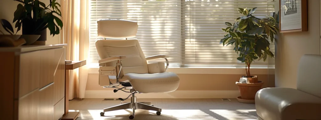 a serene and inviting consultation room bathed in soft natural light, featuring a comfortable chair, a calming color palette, and a peaceful atmosphere, symbolizing the process of choosing the right mental healthcare provider.