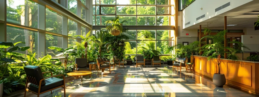 a serene and inviting mental health facility surrounded by lush greenery, with large windows reflecting soft natural light, creating a peaceful atmosphere conducive to healing and reflection.