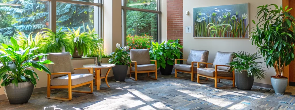 a serene and inviting outpatient program space filled with natural light, featuring comfortable seating and vibrant green plants, creating an atmosphere of healing and support.