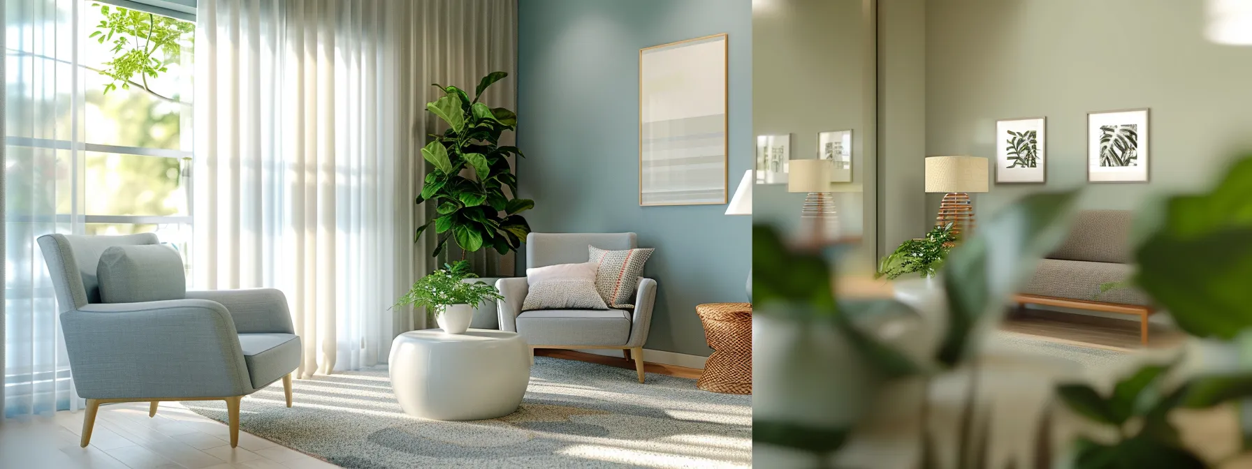 a serene and inviting telehealth consultation room, bathed in soft natural light, featuring a calming color palette and comfortable furnishings, symbolizing the supportive environment for individuals seeking help with mood and anxiety disorders.