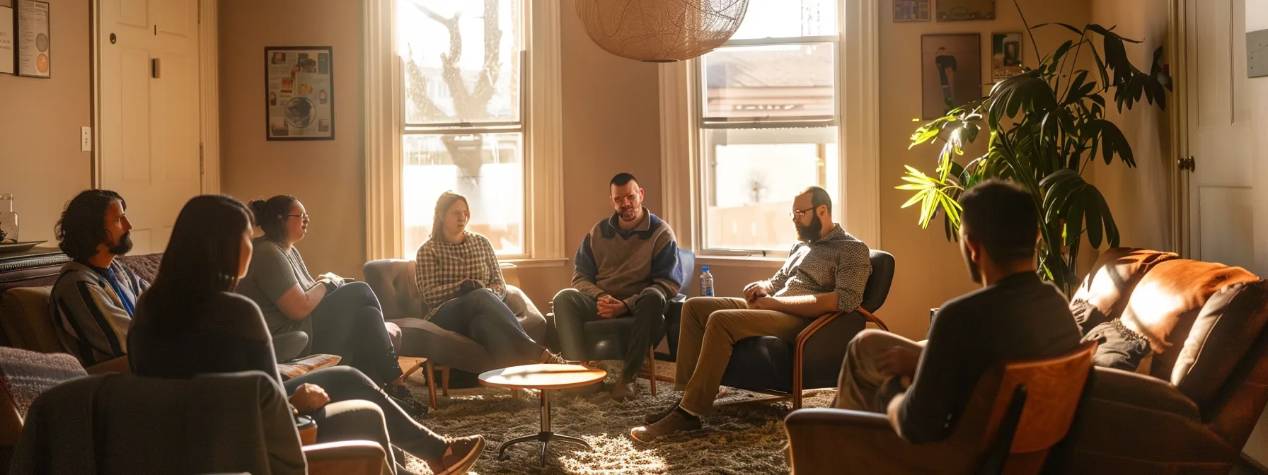 a serene and inviting therapy room, bathed in warm natural light, showcases a diverse group of individuals engaged in compassionate group therapy, symbolizing hope and recovery in a supportive, communal environment.