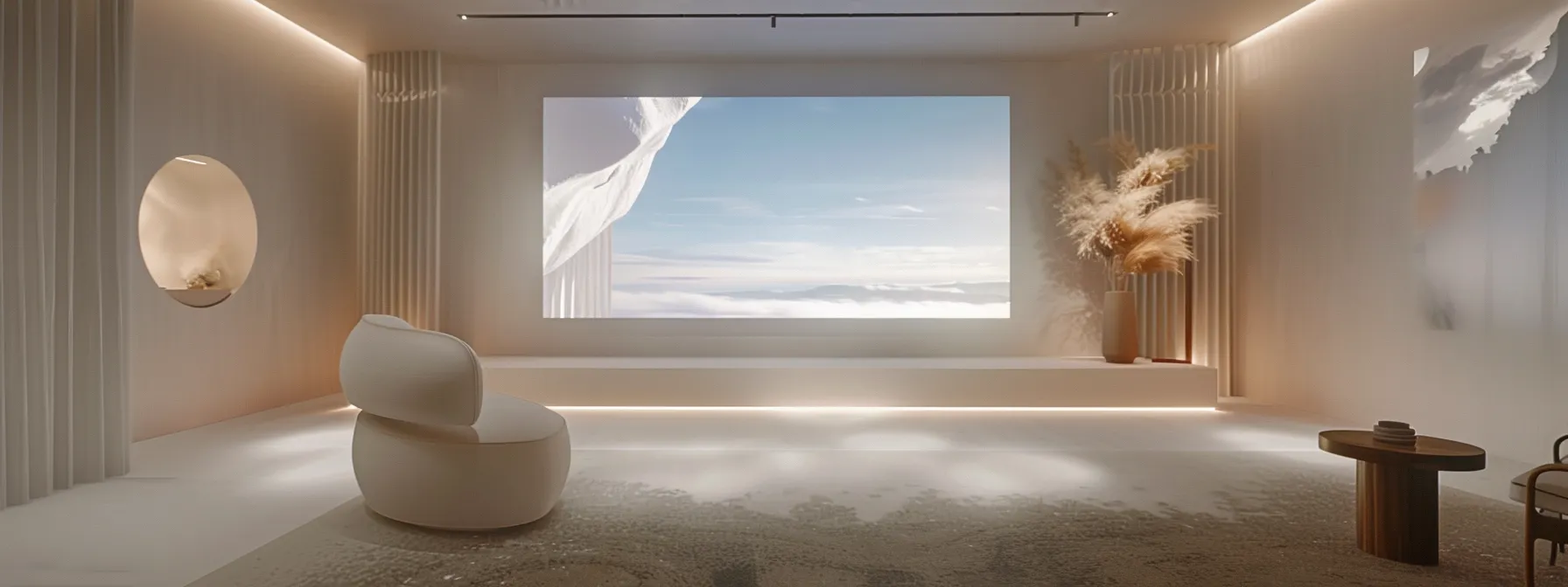 a serene and modern virtual therapy space featuring a calming color palette, minimalistic decor, and a large screen displaying a tranquil nature scene, symbolizing the innovative approach of virtual partial hospitalization programs for mood and anxiety management.